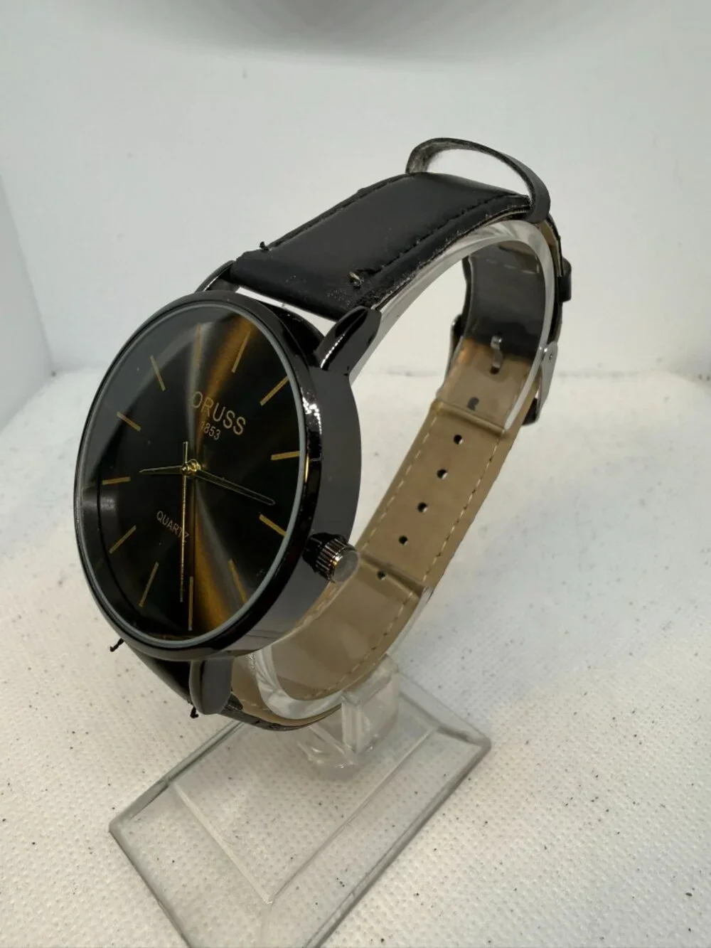 Oruss 1853 Mens Black Dial Gold Tone Hands Leather Strap Watch 38mm Black Dial